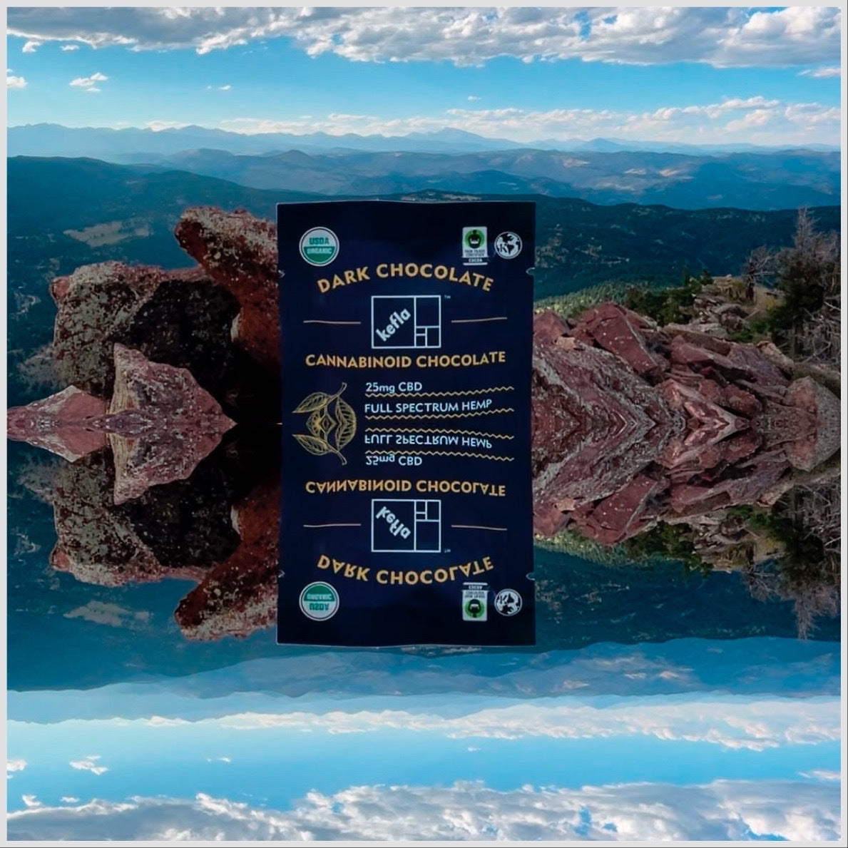 Hemp cannabinoid chocolate bar with mountainous background